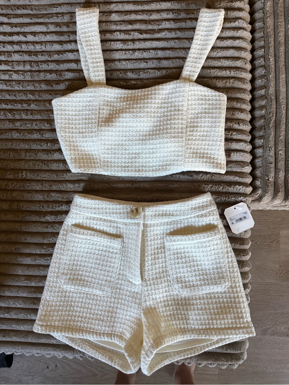 Altar'd State Cream Textured Cropped Tank & High-Waist Shorts Set